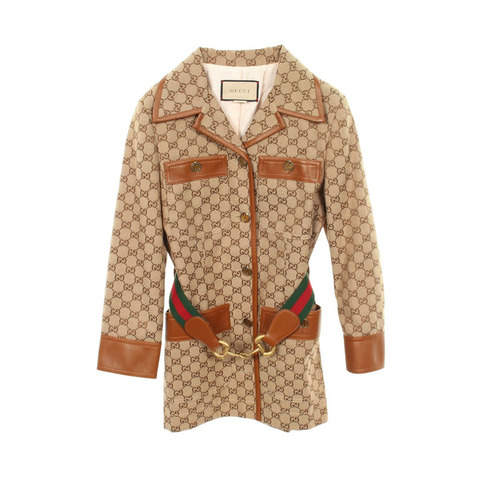 GUCCI GG帆布雪莉系列馬銜扣外套 682302 棉 米色 棕色 二手 女款