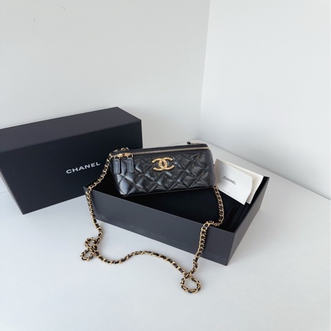 Chanel香奈兒🖤 黑金24b油蠟皮長盒子鏈條包/化妝包💗 閒置新✨芯片款💖 全配尺寸：17*10*8