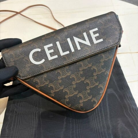 CELINE 帆布小牛皮飾邊釦式三角斜背包