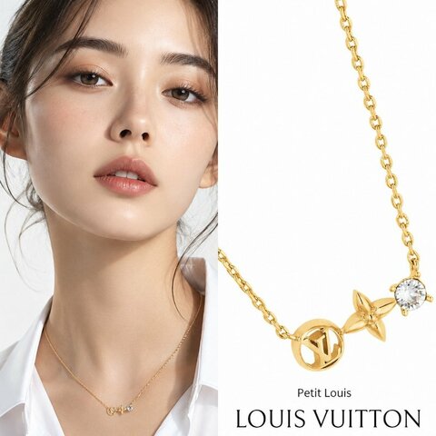 ::LOUIS VUITTON:: LV M00368 Petit Louis 金色LOGO花紋帶鑽項鍊