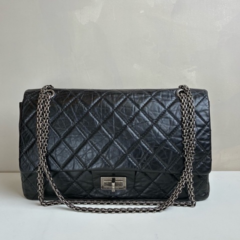 CHANEL/香奈兒 12開 黑銀銜縫復古小牛皮拼金屬 鏈條斜挎包單肩包 尺寸約：31*19.5