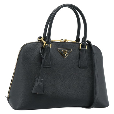 PRADA 手提包 Saffiano 皮革 2way 黑色金色 Auth 185952SAM