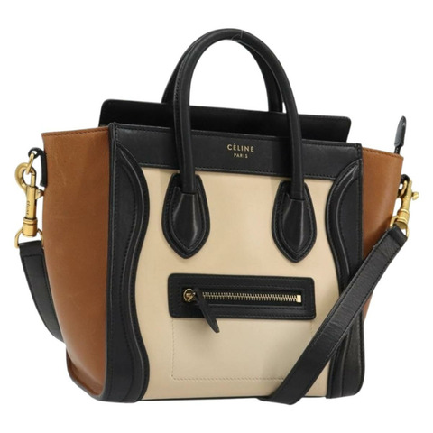 CELINE Luggage Nano Micro Mini 手提包 皮革 2way 米色 金色 Auth ka4812V