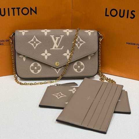 💛LOUIS VUITTON 路易威登 Pochette Felicie 粒面牛皮革 三合一手提包斜挎包單肩包 大象灰拼奶白色 芯片款