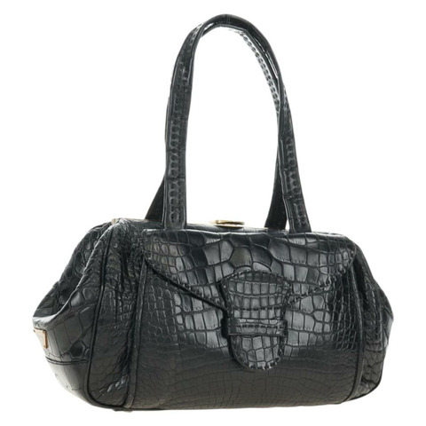 PRADA 鱷魚紋壓花黑色金色皮革手提包，正品編號 185588V