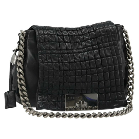 CELINE 鏈條單肩包 皮革 黑色 銀色 正品 187041SAV