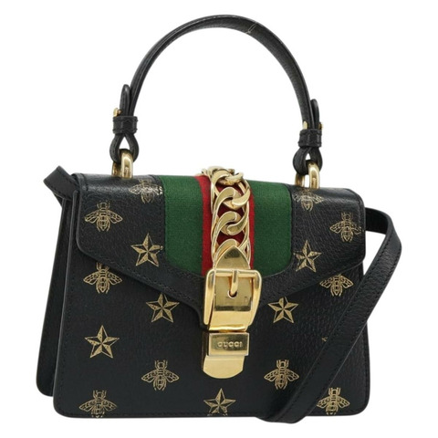 GUCCI Silvi Web Sherry Line 手提包 皮革 兩用 黑色 金色 470270 正品 186865V
