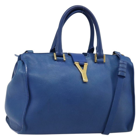 SAINT LAURENT Petit Cabas 手提包 皮革 2way 藍色 金色 Auth 187142A