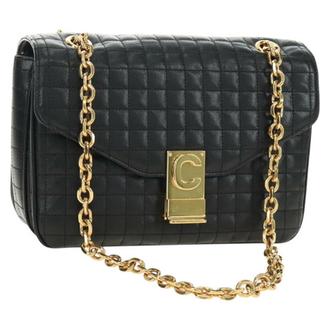 CELINE 鏈條單背包，黑色皮革，金色，正品 186545SAM