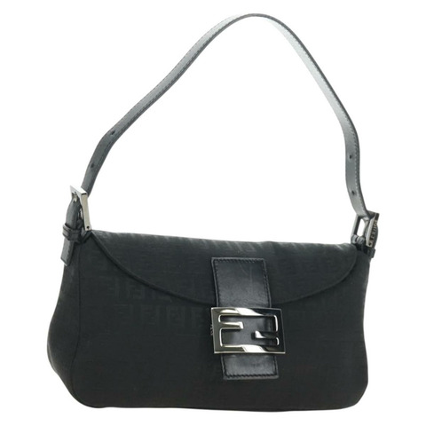 FENDI Zucchino帆布Mamma Baguette單肩包 黑色銀色 正品 yk20555SAM