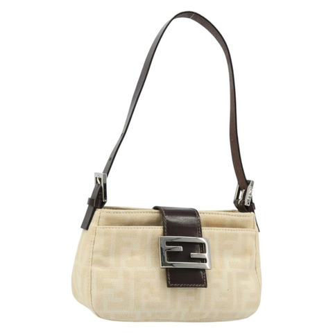 FENDI Zucca 帆布 Mamma Baguette 單肩包象牙色銀色正品 185836V
