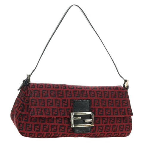 FENDI Zucchino帆布Mamma Baguette單肩包 紅色銀色 正品 185835SAM