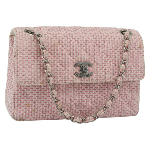 香奈兒 (CHANEL) 絎縫鏈條肩背包 粉紅銀色雙C帆布 Auth 188723V
