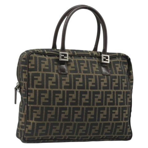 FENDI Zucca帆布手提包 黑色棕色 Auth mr2526A