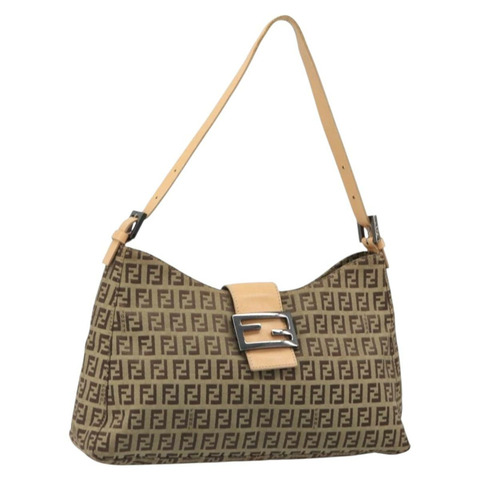 FENDI Zucchino帆布Mamma Baguette單肩包 米色 銀色 正品 mr2597A