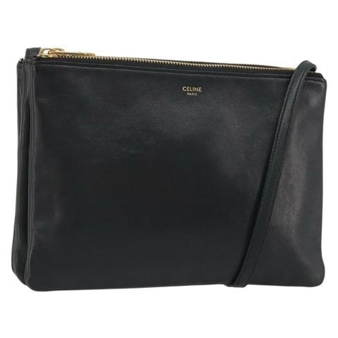 CELINE Trio 肩背包，黑色金色皮革，正品 mr2544V