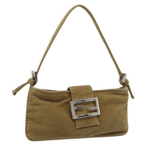 FENDI Mamma Baguette 單肩包 燈芯絨 棕色 銀色 正品 186467V