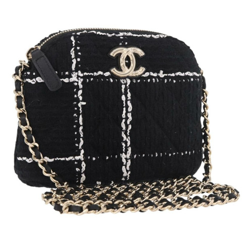香奈兒 (CHANEL) Matelasse 鏈條肩背包，斜紋軟呢布料，黑色，金色雙C標誌，貨號 186402M