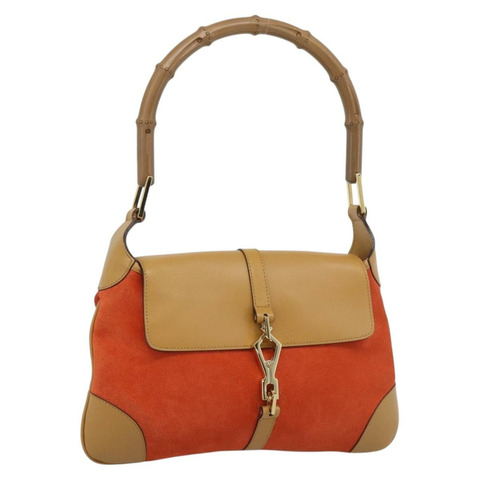 GUCCI 竹節單肩包 棕色金色麂皮 正品 188854V