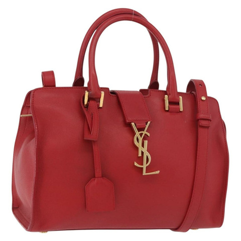 SAINT LAURENT Baby Cabas 手提包 皮革 2way 紅色金色 Auth ka4869V