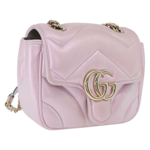 GUCCI GG Marmont 鏈條單肩包 皮革 粉紅金 739682 正品 ka4883M
