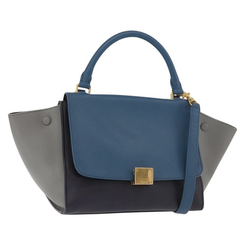 CELINE Trapeze 手提包 皮革 2way 藍色金色 Auth ka4923V