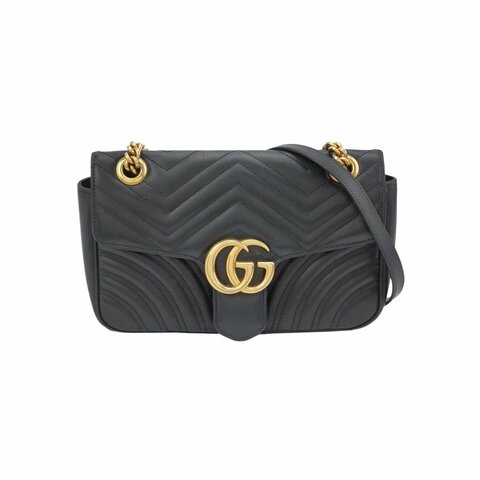 Gucci GG Marmont中型牛皮純色V紋絎縫雙G標誌口蓋包肩包