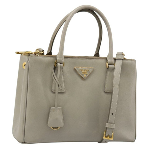 PRADA 手提包 Saffiano 皮革 2way Gray Gold Auth 187034A