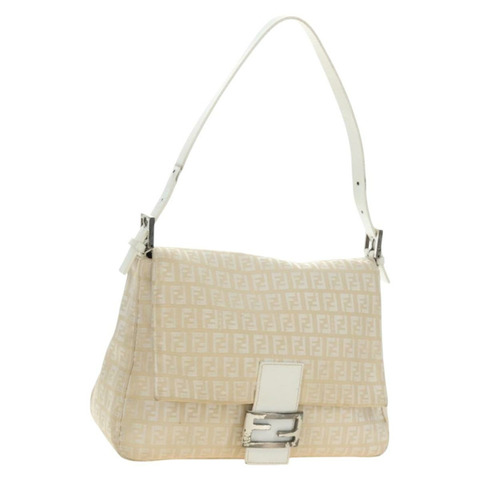 FENDI Zucchino帆布Mamma Baguette單肩包 白色 銀色 正品 186466V