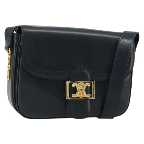 CELINE 皮革肩背包 海軍藍 金色 Auth mr2557A