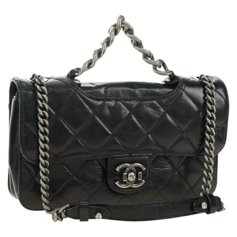 香奈兒 (CHANEL) Matelasse 鏈條手提包 小牛皮 2way 黑色 銀色 CC 標誌 正品 BA13614SAM