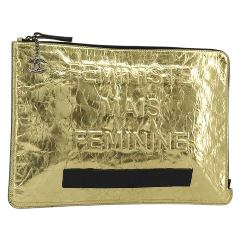 香奈兒 (CHANEL) 手拿包，皮革材質，金色，銀色雙C標誌，正品 BA13613SAM
