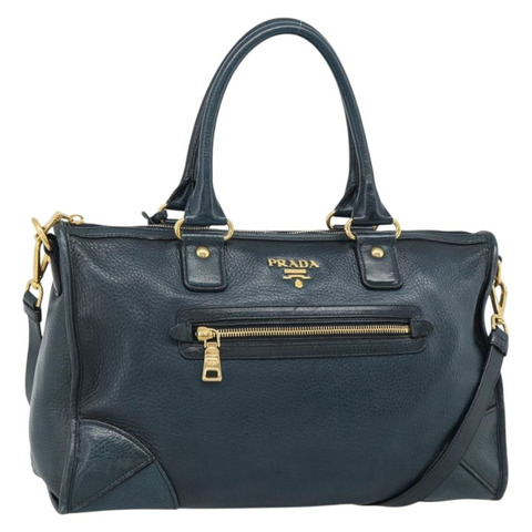 PRADA 手提包 皮革 2way 藍色 金色 正品 187288V