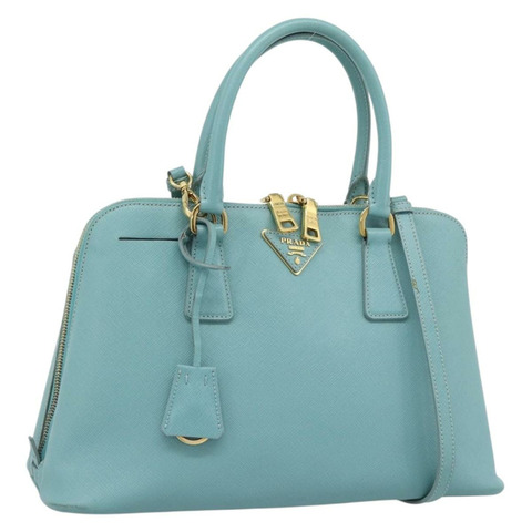 PRADA 手提包 Safiano 皮革 2way Turquoise Blue Gold Auth 187253V