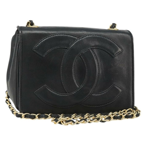 香奈兒 (CHANEL) 絎縫鏈條單肩包 羊皮 金色 黑色 CC 標誌 正品 BA13617A