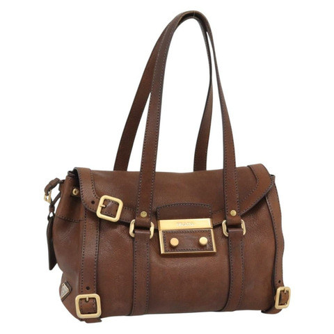 PRADA Ready Lock 手提包，棕色金色皮革，正品 am11940V
