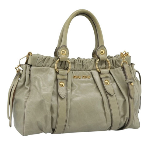 Miu Miu 側邊緞帶手提包 皮革 兩用 米色 金色 正品 am11947V