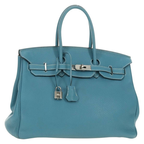 愛馬仕 Birkin 35 手袋 Taurillon 皮革 淺藍色 銀色 正品 188857SM