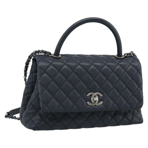 香奈兒 (CHANEL) 絎縫鏈條手提包，魚子醬紋皮革，兩用，海軍藍/銀色雙C標誌，正品 ka4899SAM