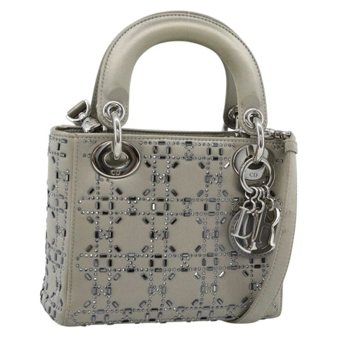 Christian Dior Lady Dior Canage 手提包，緞面材質，兩用，灰色/銀色，正品 ka4931SAM