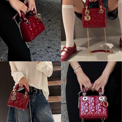 Dior/迪奧 三格戴妃櫻桃紅金扣漆皮