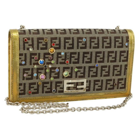 FENDI Zucchino帆布鏈條皮夾單肩包 米色金 正品 189259V