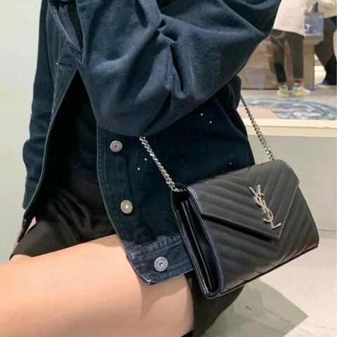 YSL WOC中號信封黑銀 荔枝皮中號鏈條包