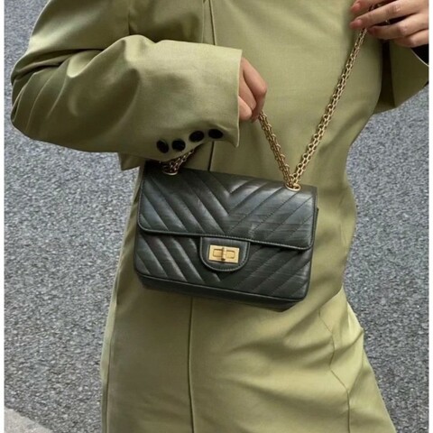 Chanel 2.55大mini 墨綠色V紋牛皮鏈條包 晶片款