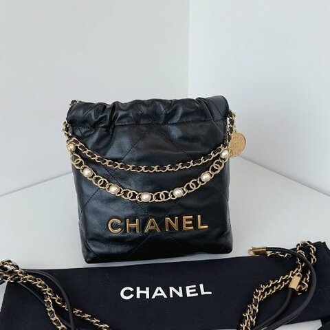 近新品 香奈兒/Chanel 黑金牛皮Mini Bag珍珠鏈條垃圾袋 芯片款