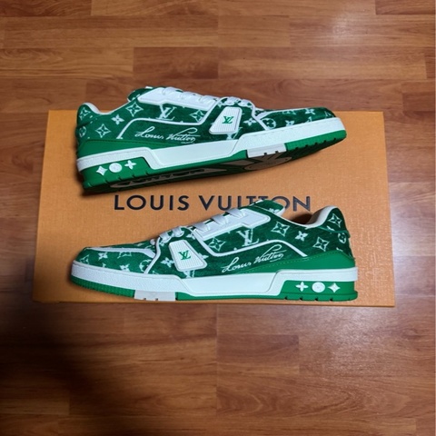 Lv Trainer植絨滿印板鞋 路易威登低幫休閒鞋 綠白 36.5碼