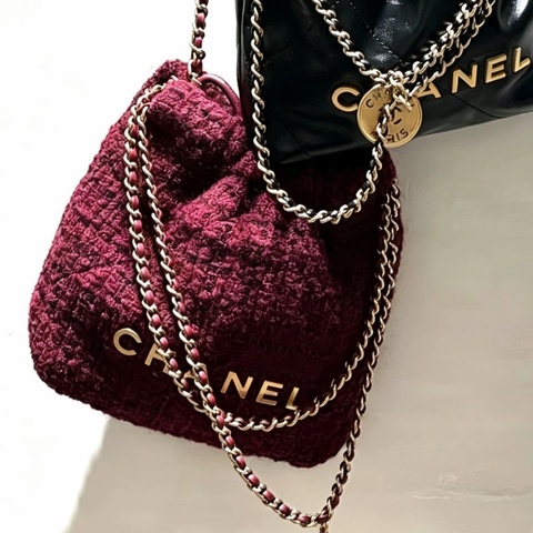 CHANEL香奈兒酒紅毛呢22Bag mini芯片款💈 全新全配🈶購證