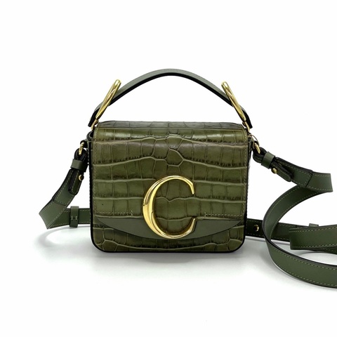 【威選精品】💚 CHLOÉ C Bag 鱷魚壓紋手提／肩背／斜背包｜墨綠金扣 經典 C Logo 💚