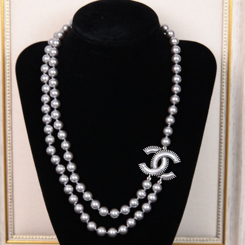 Chanel 24K双层银色珠珠拼接cc项链