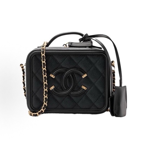 CHANEL 香奈兒 Vanity系列魚子紋鏈條 皮穿鏈 菱格 小牛皮 盒型包 化妝包 單肩包 手提包 斜挎包 迷你 女款 黑色